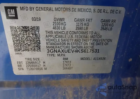 2019 Chevrolet Equinox Lt z USA, uszkodzony, nr VIN 3GNAXUEV4KS617531
